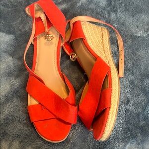 H&M Red Suede Crisscross Espadrille Wedge Sandals